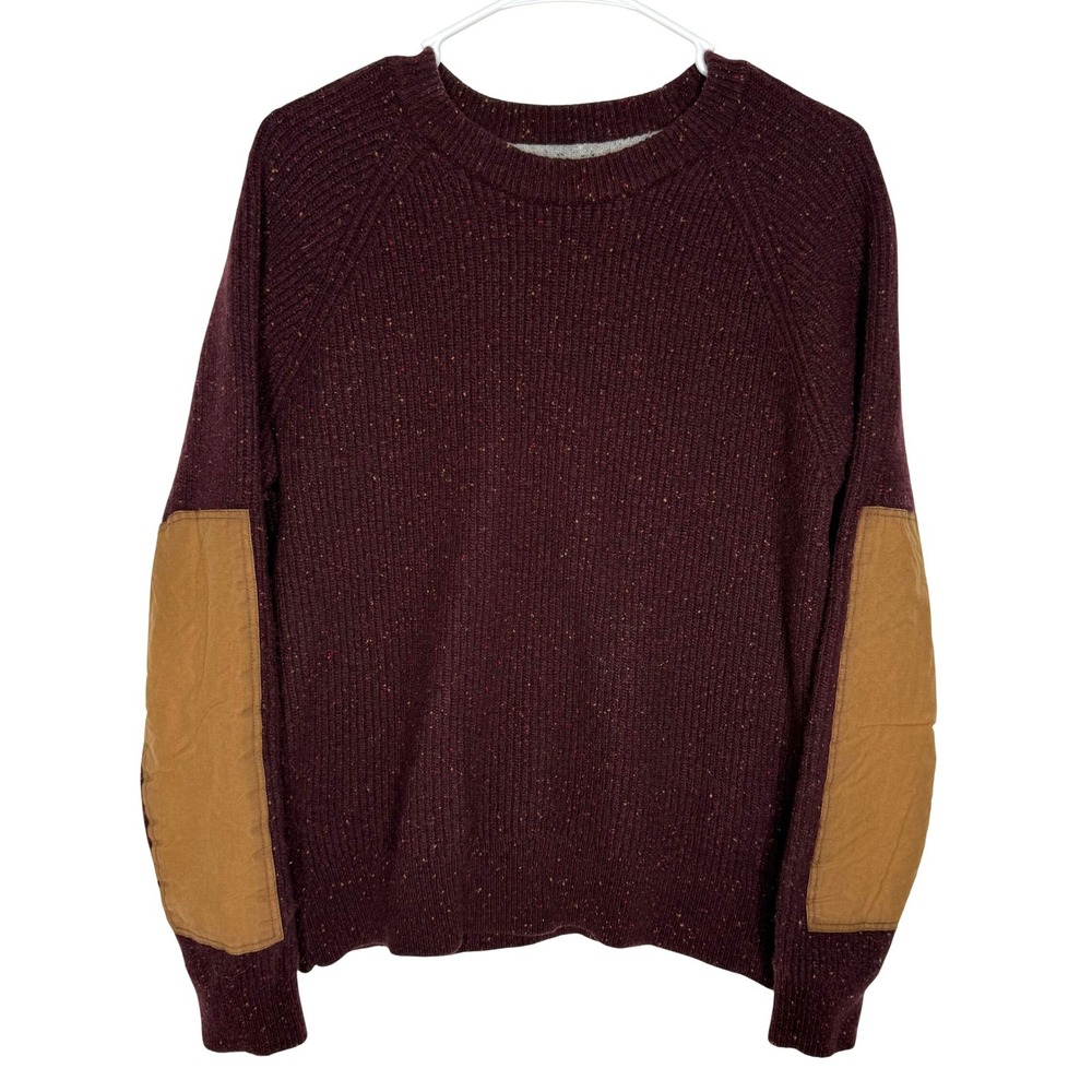 Flint and Tinder Mens Large Burgundy Donegal Lambswool Ribbed Sweater Patches